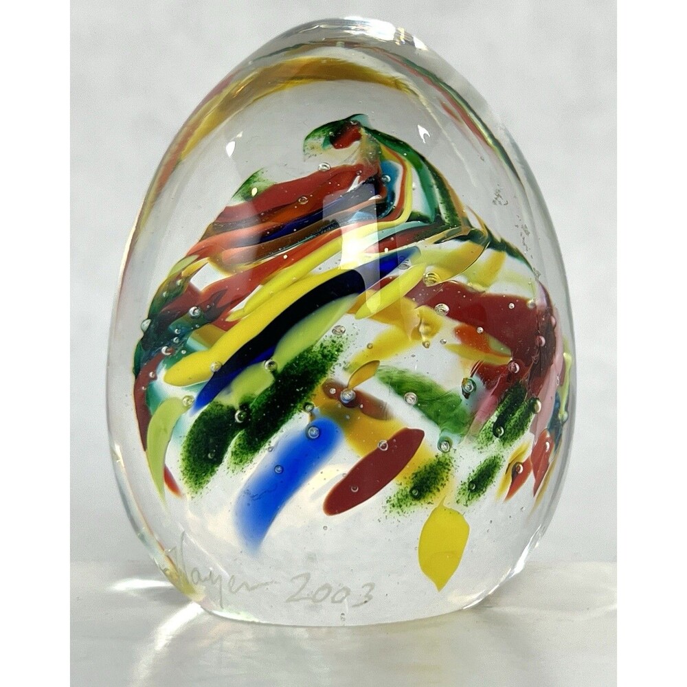 Vintage Hand Blown Paperweight JAMES HAYES Art Glass Egg Shape Swirl